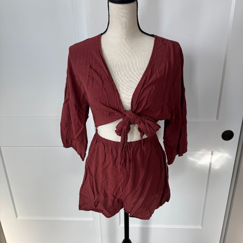 EUC Forever 21 Tie-Front Cutout Romper Color = CURRANT Size = S